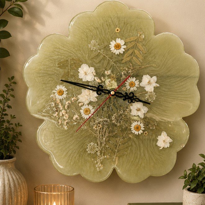 Handmade Resin Clock – Natural Pressed Flower Design (30cm diameter)