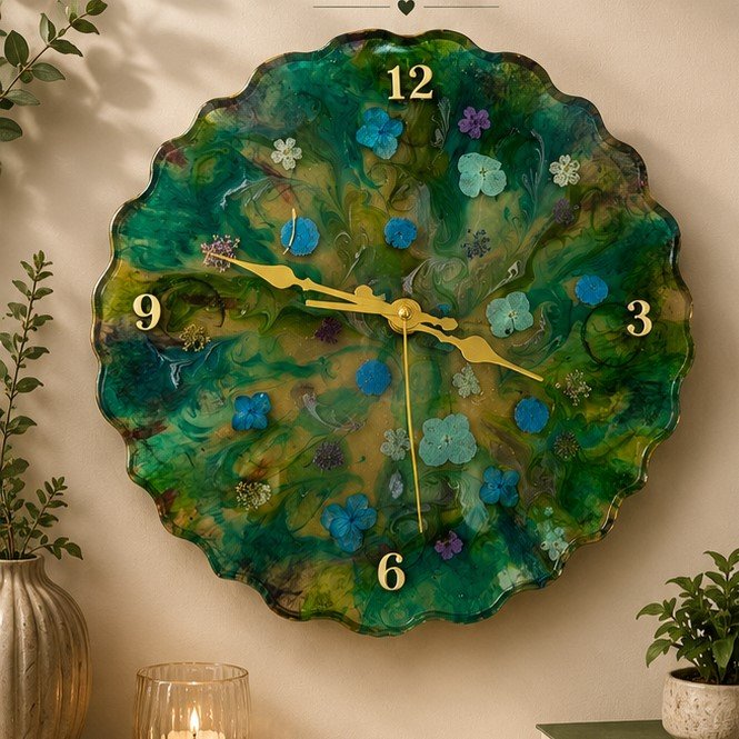 Handmade Resin Clock – Emerald Garden Design (30cm diameter)