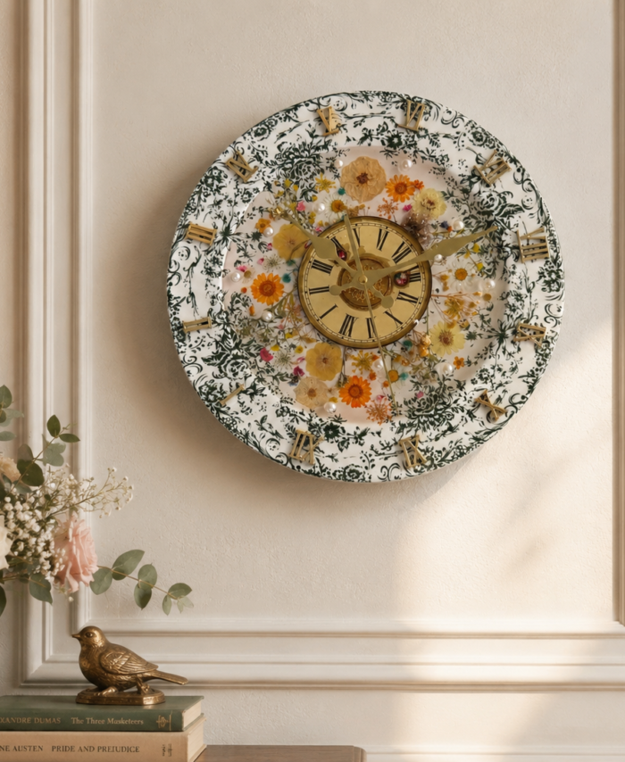 Floral garden clock (porcelain, pressed flowers, antique clock face)