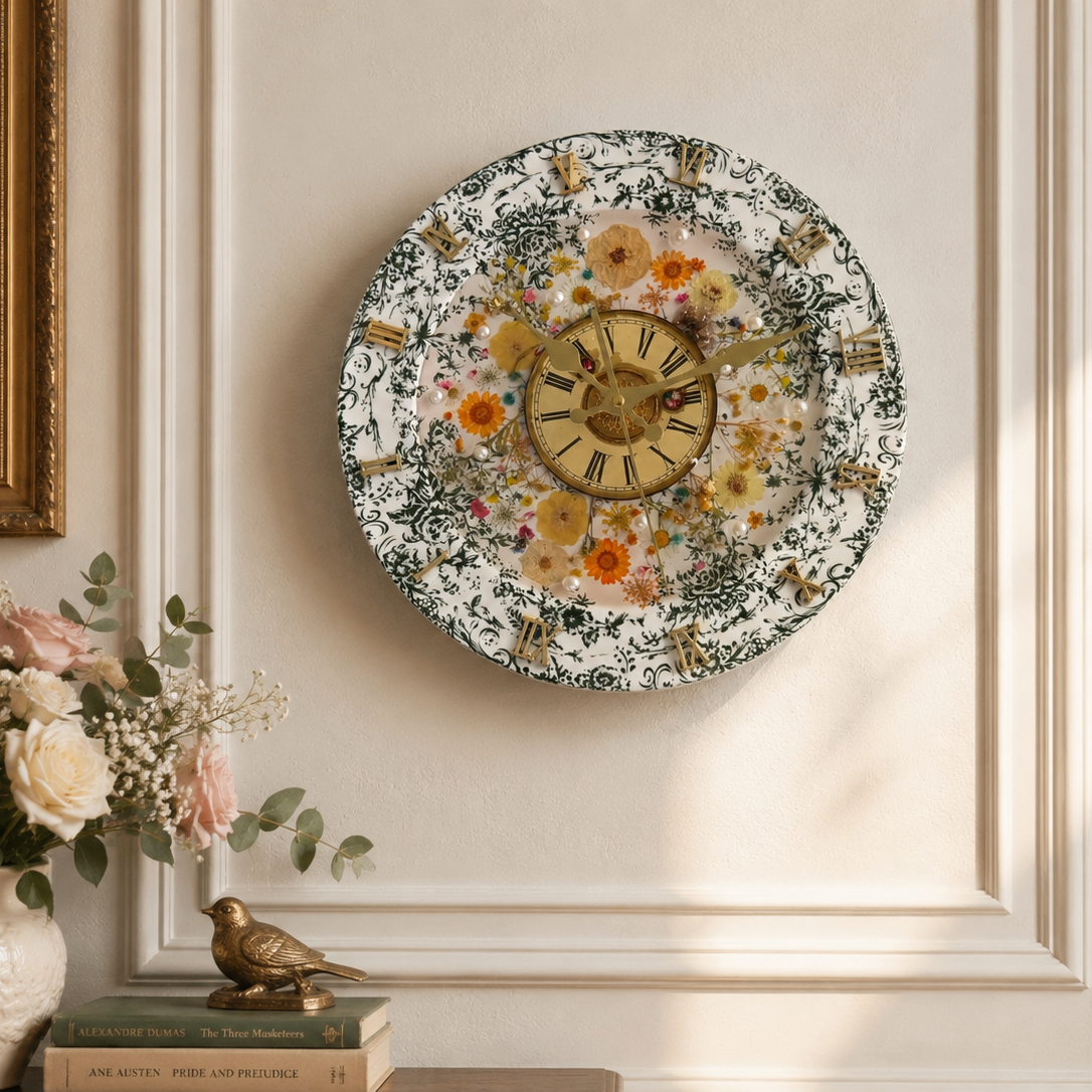 Floral garden clock (porcelain, pressed flowers, antique clock face)